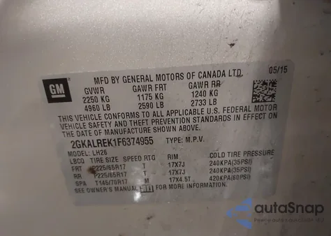 2015 GMC Terrain Sle-2 from USA, damaged, VIN 2GKALREK1F6374955